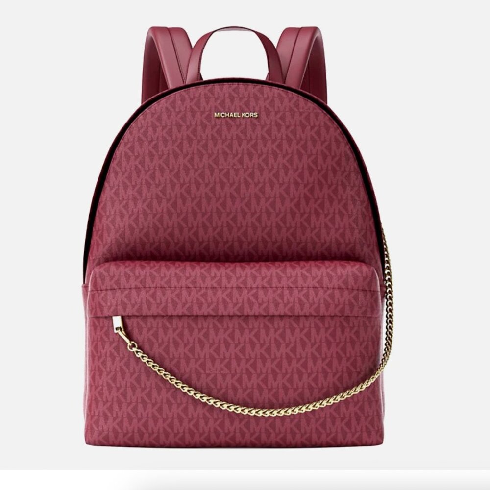 New Michael Kors Slater Large Signature Logo Backpack Cherry - Picture 2 of 4